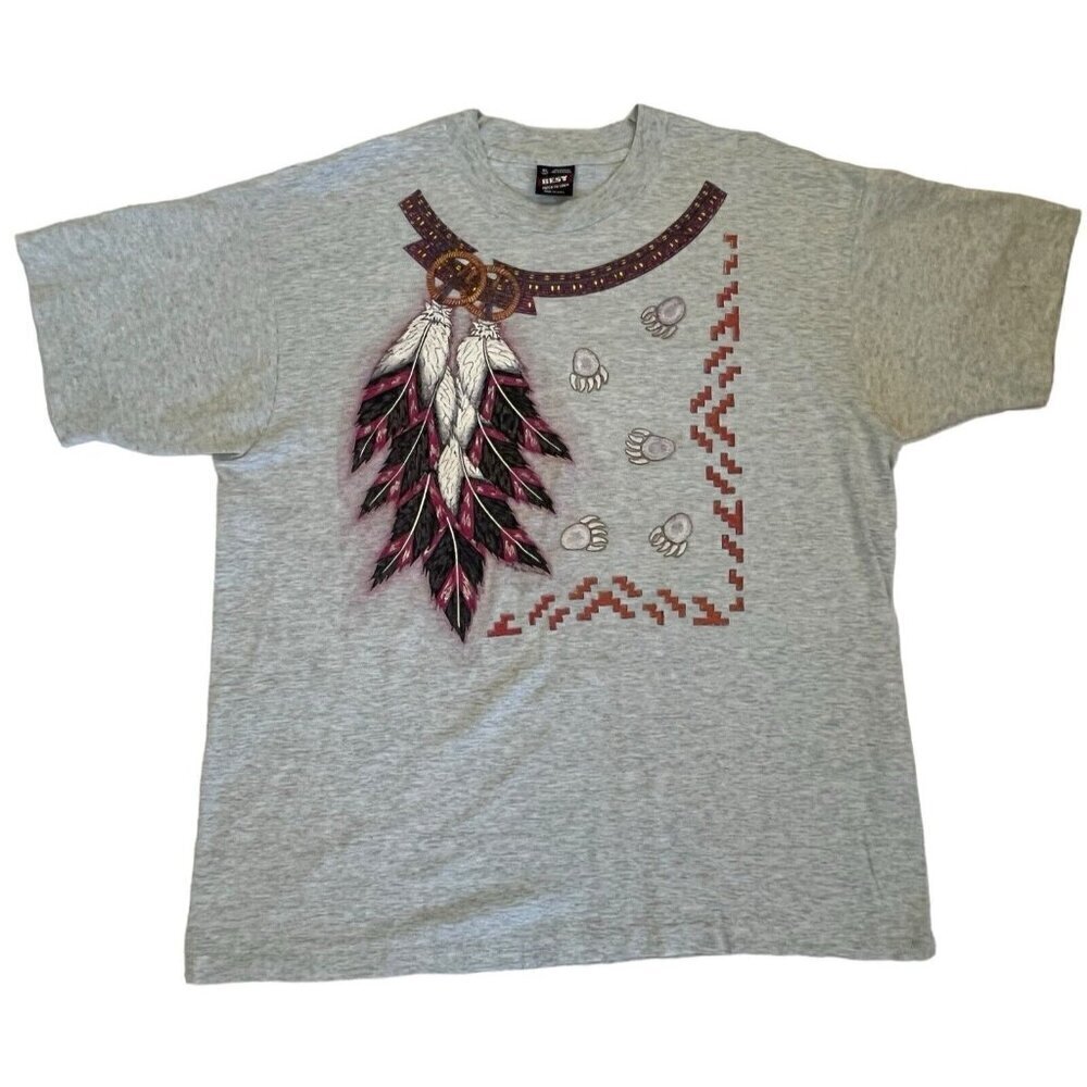 Vtg 90s Native American Feather Dreamcatcher Bear Paw Puffy Paint Glitter Shirt